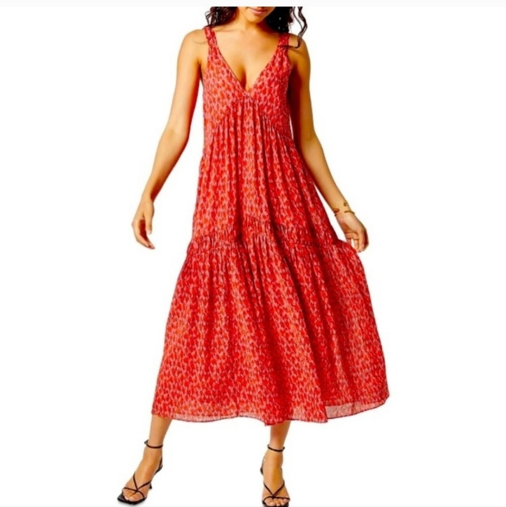 Joie Boho Western Tiered V Neck Peasant Maxi Slip Dress Lined Pink Orange Small